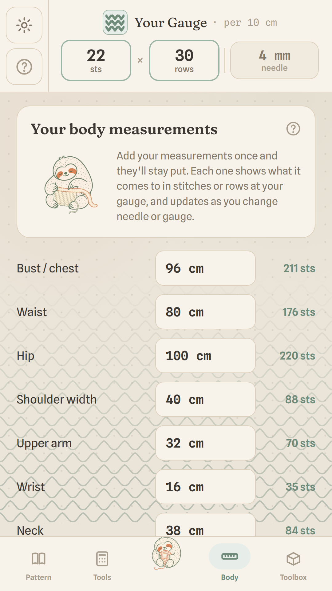 Slowspun’s measurements screen, with saved body measurements used to size a pattern