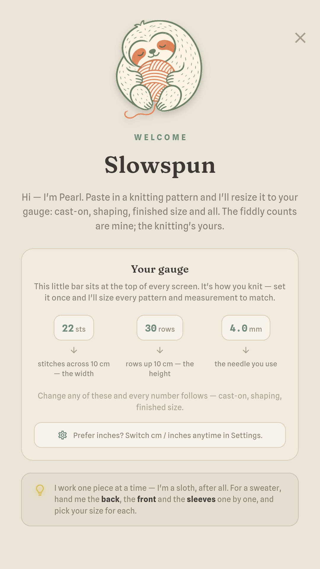 Slowspun welcome screen: set your gauge once and every pattern resizes to match