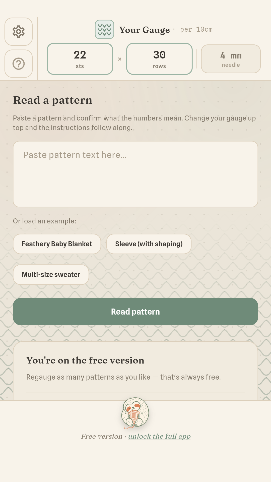 Paste-a-pattern screen with example patterns to load